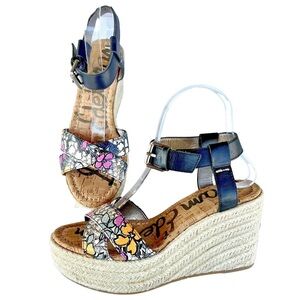 Sam Edelman Destin Floral Wedge Espadrille Platform Leather Sandals Size 7
